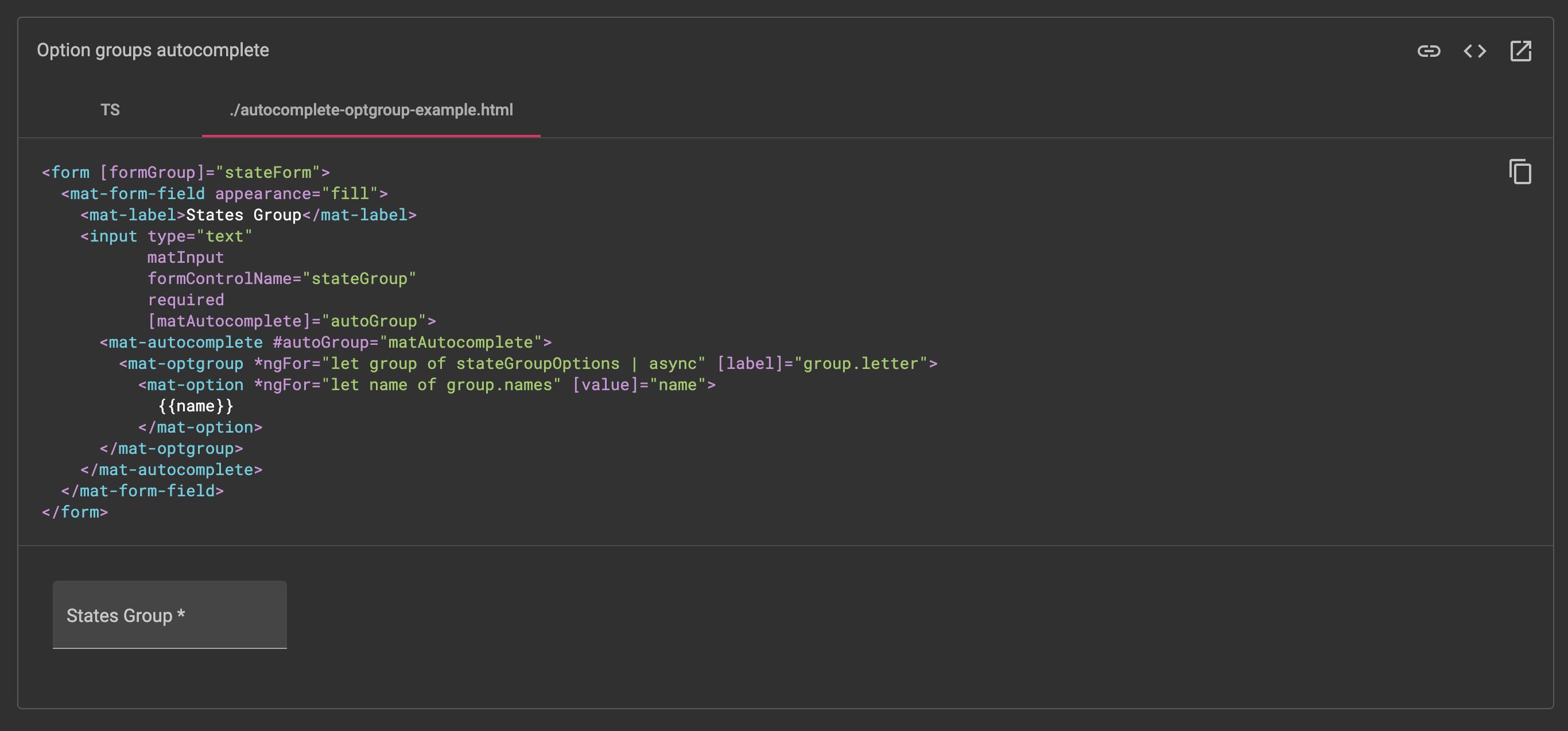 Incorrect tab title for optgroup example code · Issue 24604