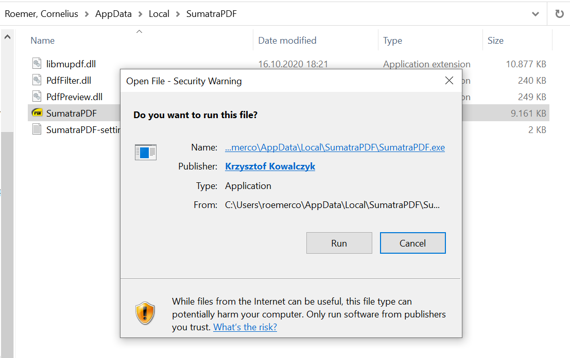"Open File Security Warning" "Do you want to run this file?" warning
