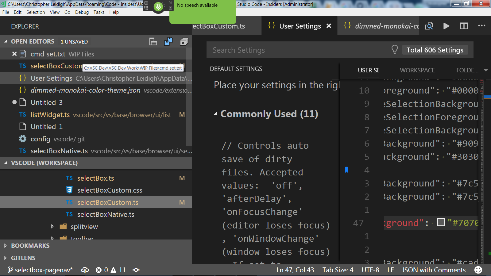 SelectBox Custom, List: Monokai Dimmed uses the same color for ...