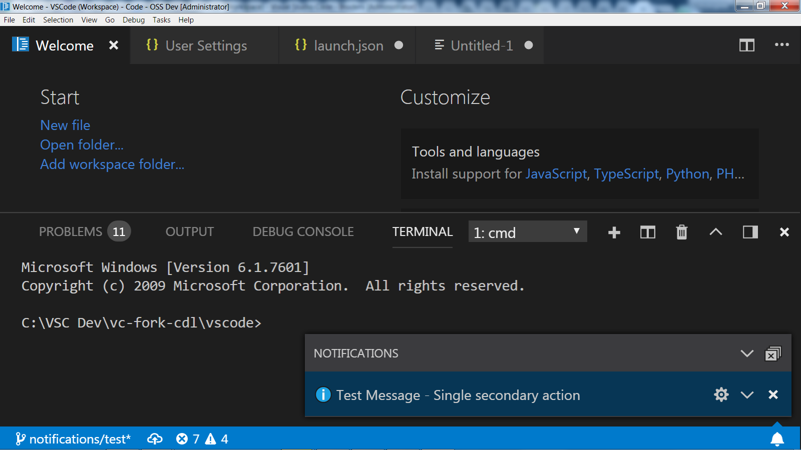 Notifications: Icons in message with only secondary actions not ...