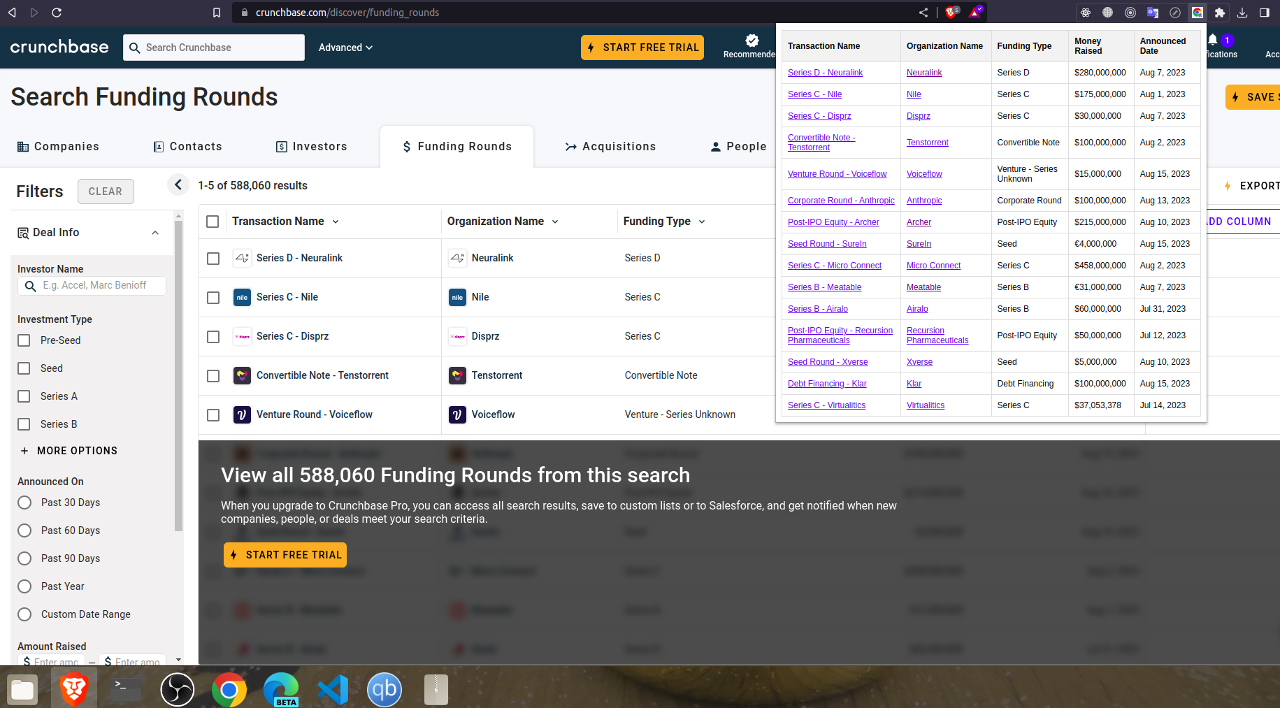 Crunchbase Show Hidden Results: Data Liberation Browser Extension demo