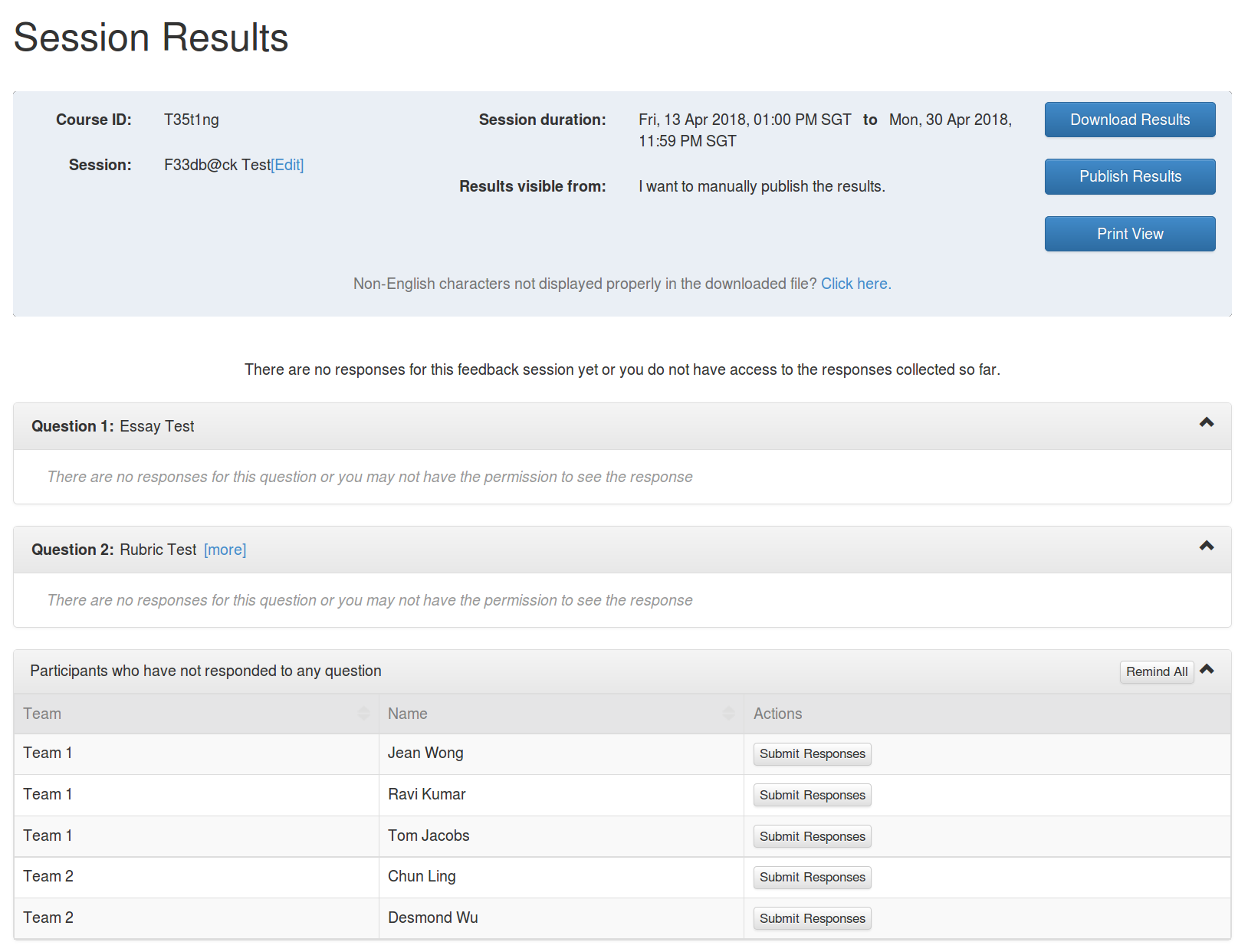 session results after