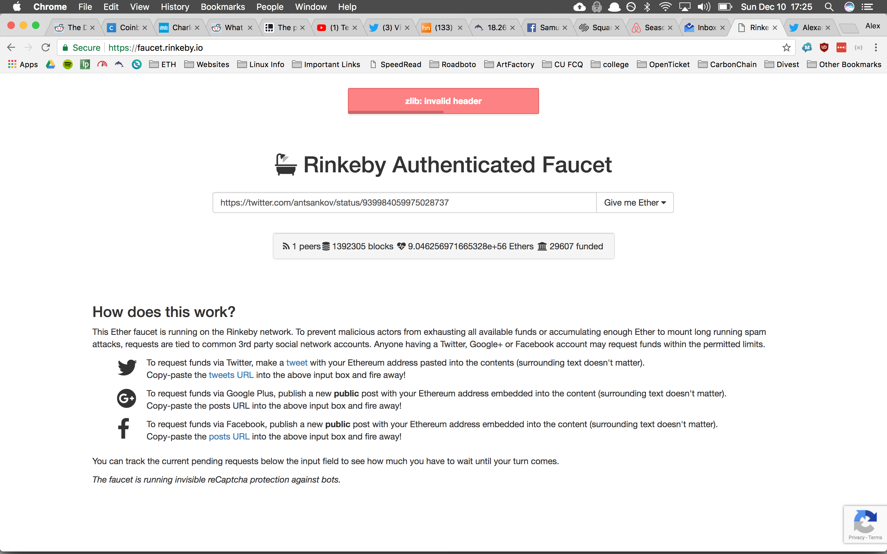 Currently impossible to get Rinkeby ETH zlib issue w/ Rinkeby faucet. · Issue 15645