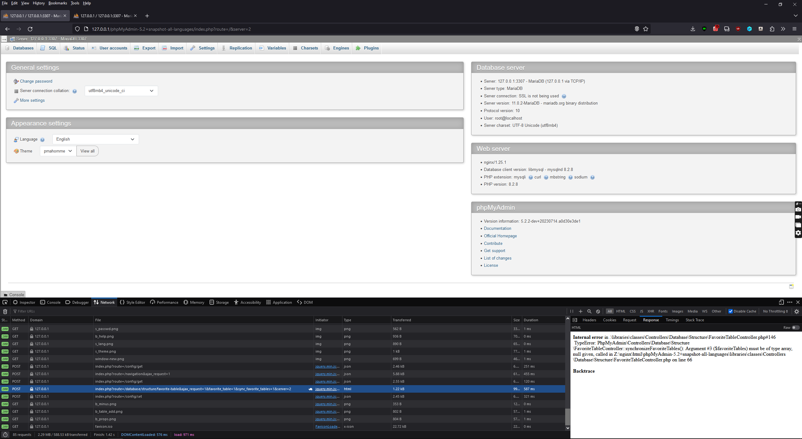 TypeError: PhpMyAdmin\Controllers\Database\Structure ...