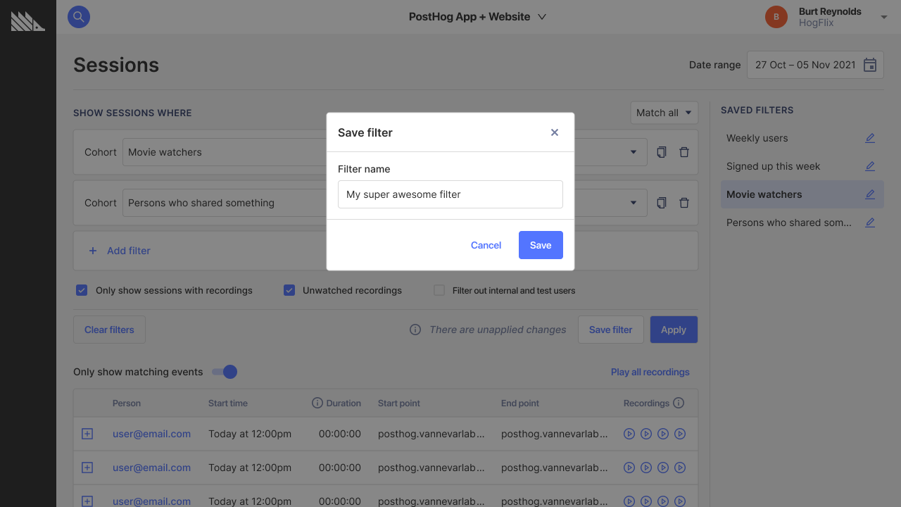 Sessions Header - Revised filter pattern with modal name