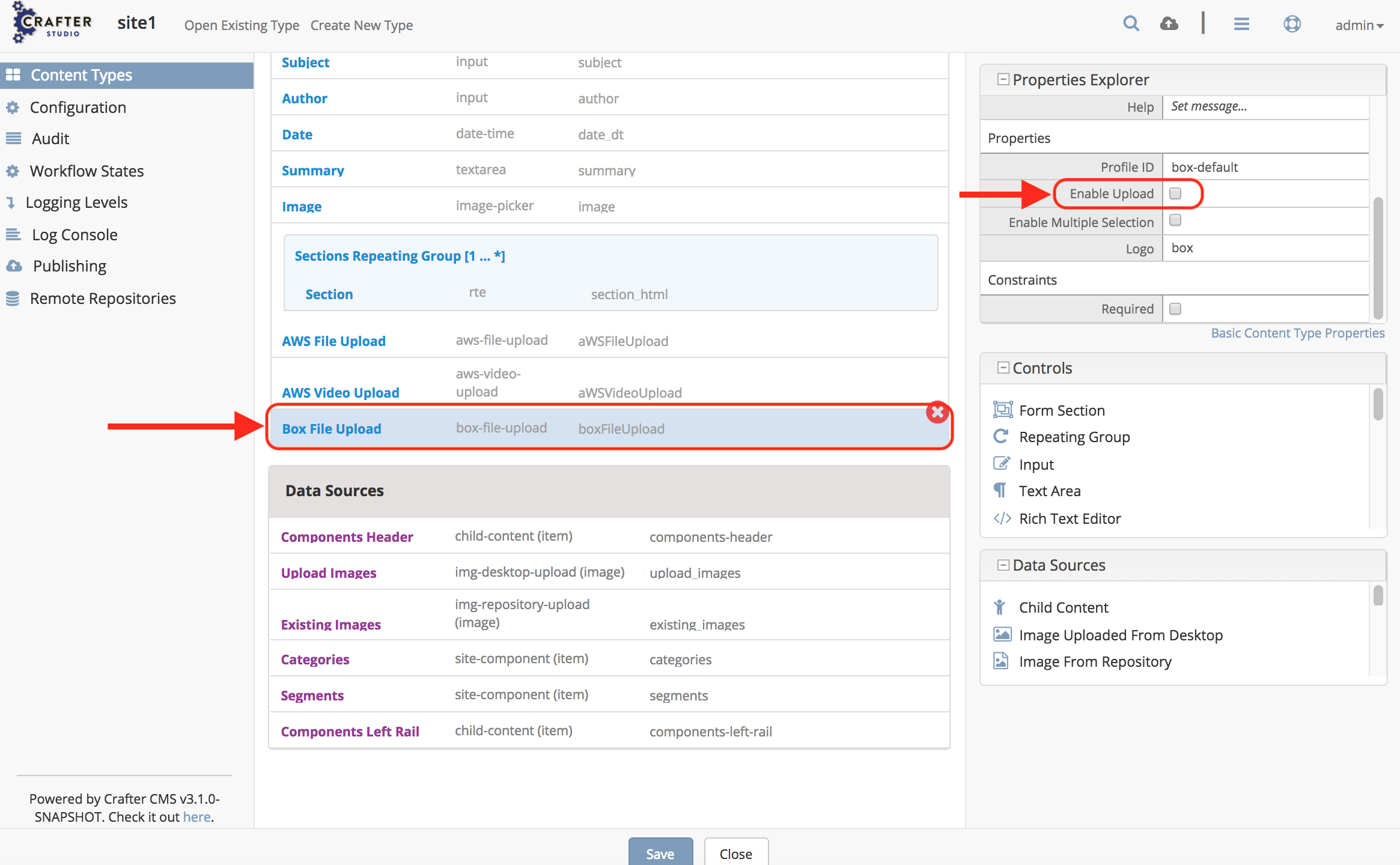 [studioui] Box File Upload control property "Enable Upload" does not