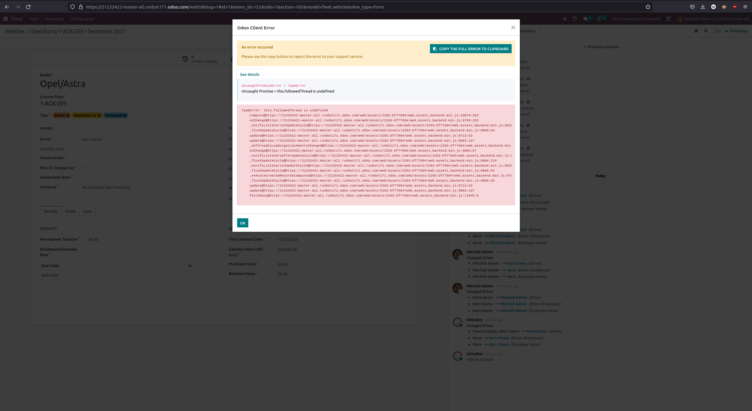 [16.0][BUG]hr_fleet - Updating the driver_id cause an Owl error · Issue ...