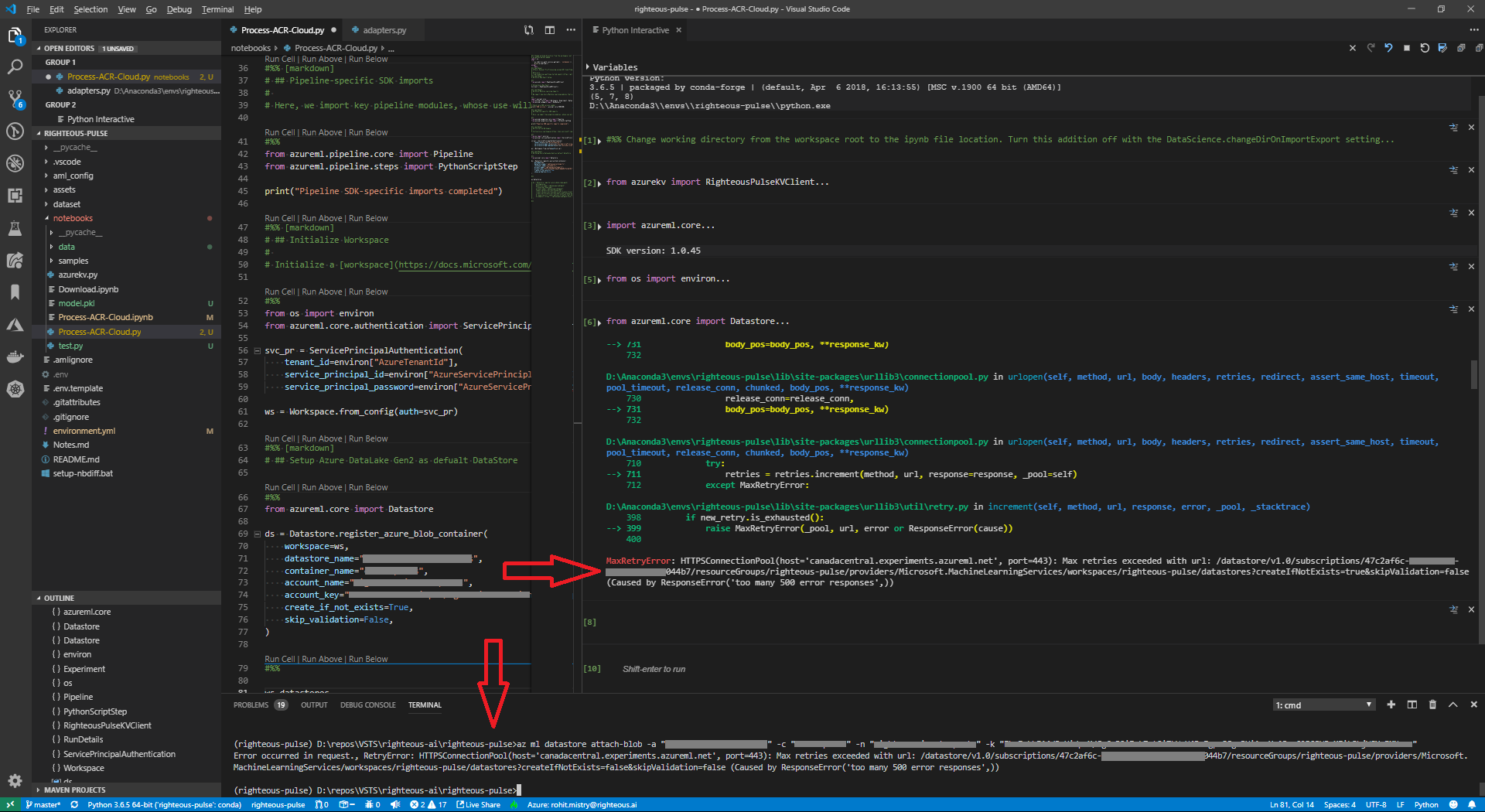 Registering Datastore with Azure ML Service gives Max Retry Error