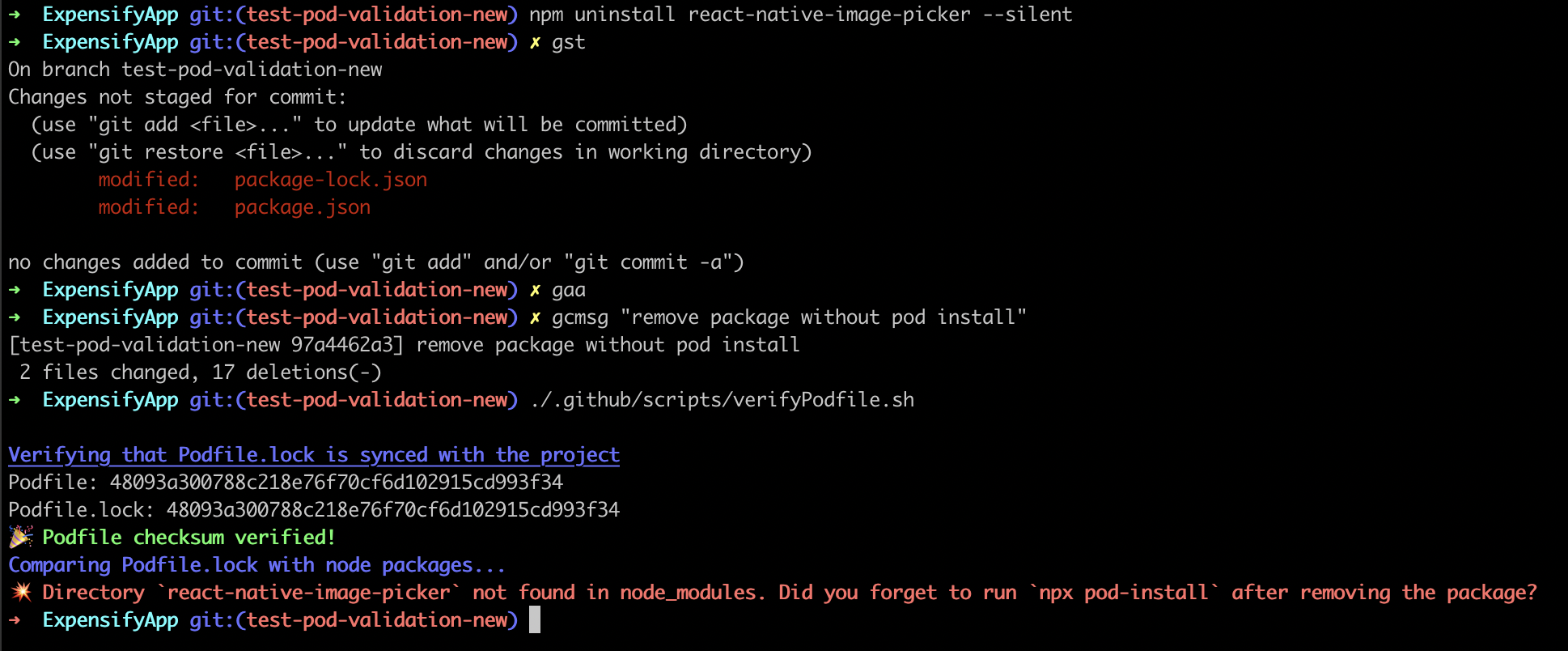 Remove package without pod install - failed