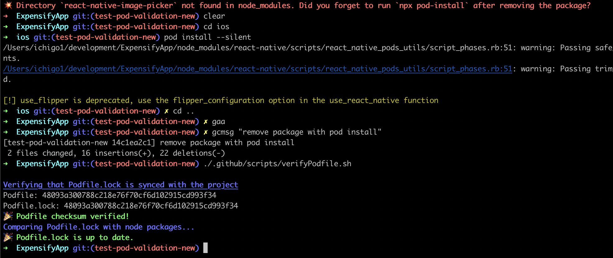 Remove package with pod install - success