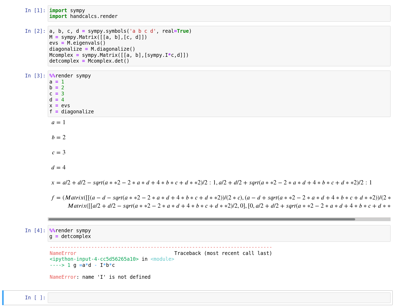 handcalcs does not handle sympy matrices and complex numbers well ...