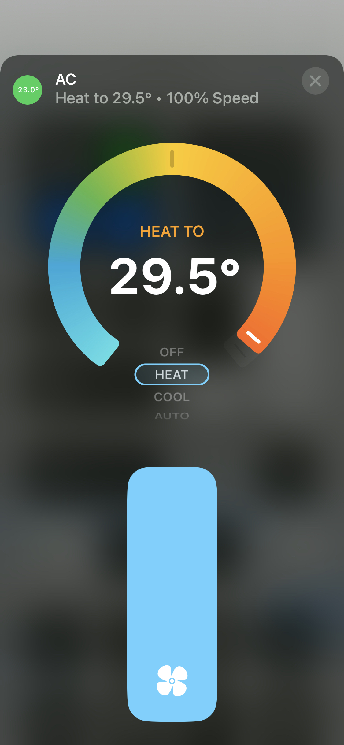 Fan speed control is exposed via HomeKit but does not change fan speed