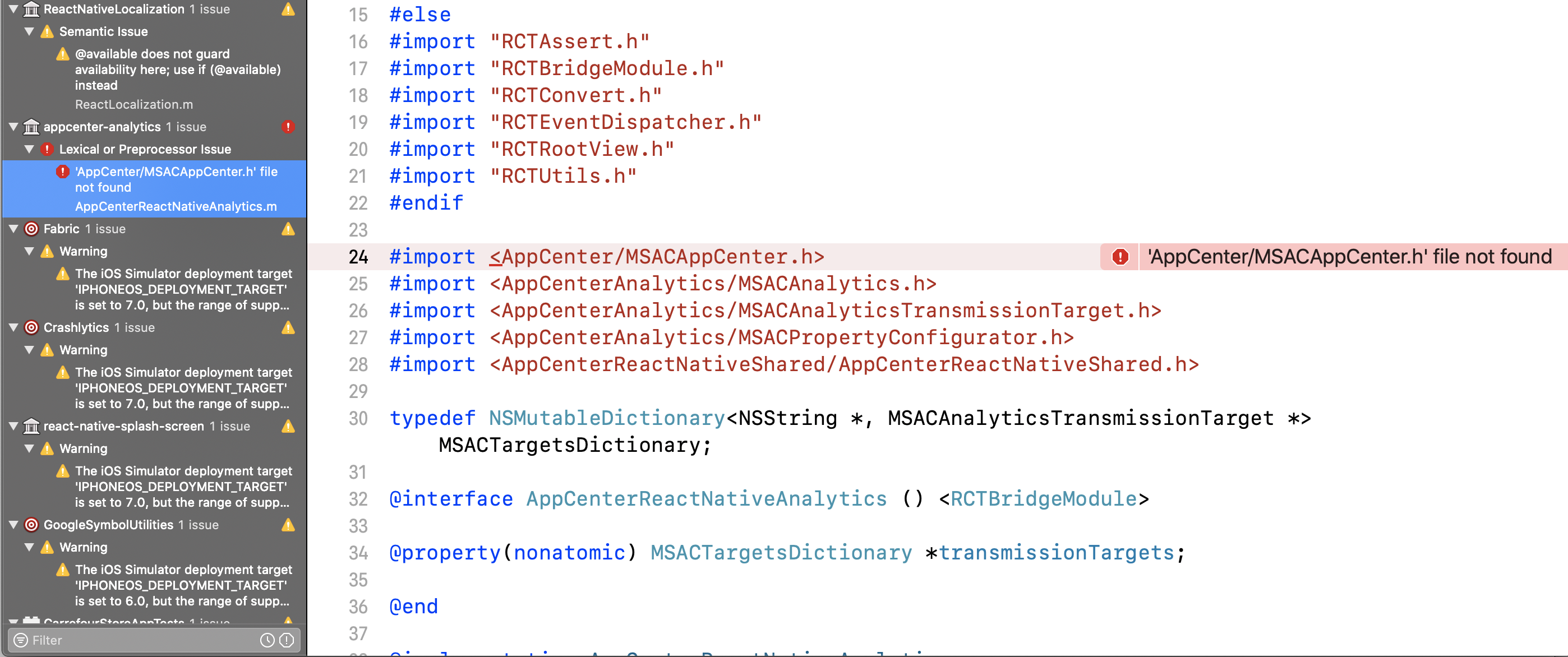 Lexical or preprocessor issue group in React Native + AppCenter ...