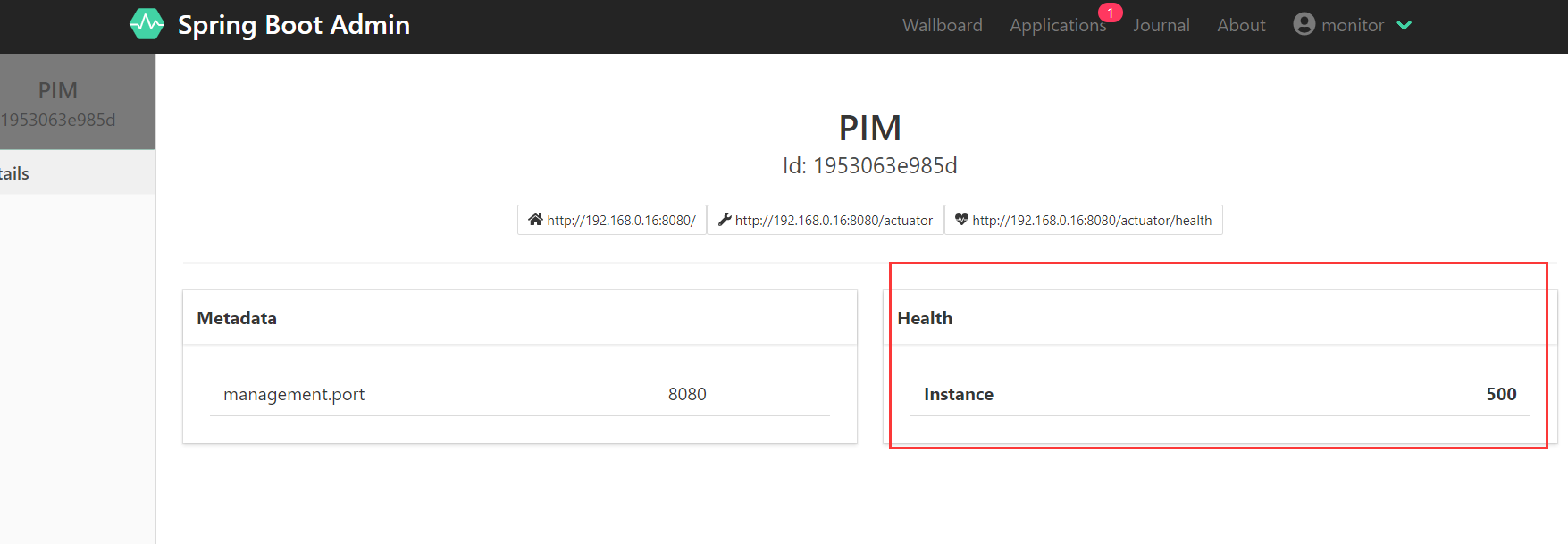 endpoint "..../actuator/health" url is ok but Instance details Health
