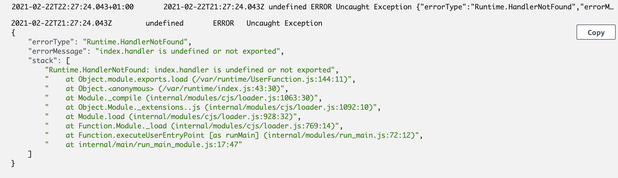 Getting "index.handler is undefined or not exported" when uploading on