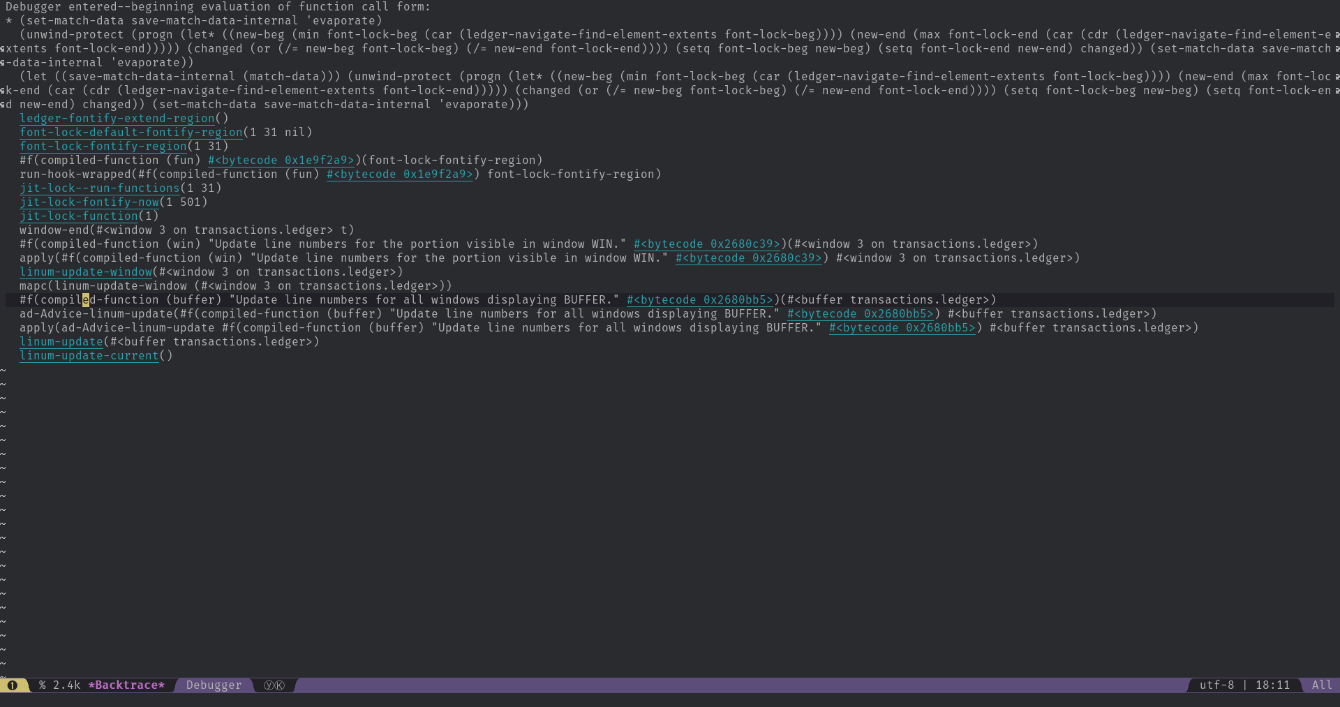 Finance Emacs hangs when using TAB key on first line of a .ledger file