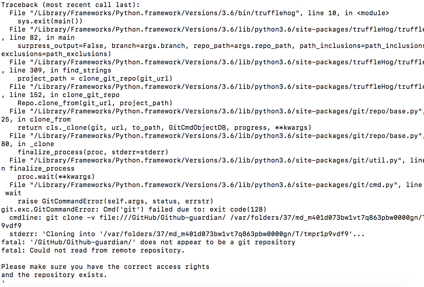 Git issue when trying to scan cloned project in Applemac trufflehog