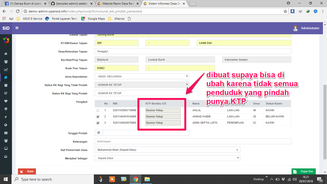 Perubahan isian KTP Berlaku di form surat keterangan pindah penduduk ...