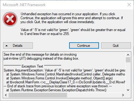 System.ArgumentException: Value of '-5' is not valid for 'green ...