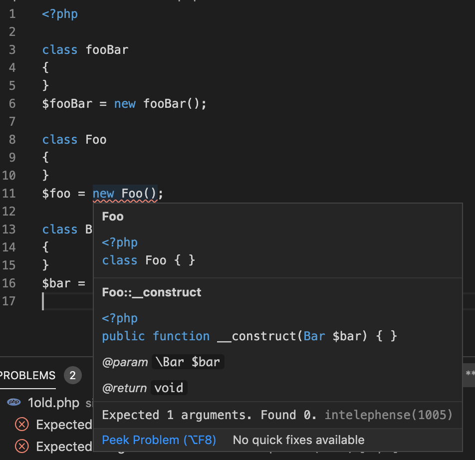 An "Expected 1 arguments. Found 0." error Message from "foo Bar ...