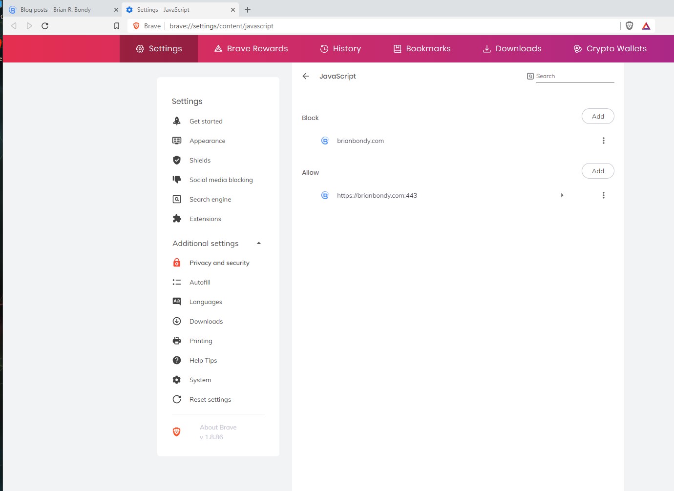 website appearing under both "Allow" and "Block" under "brave ...