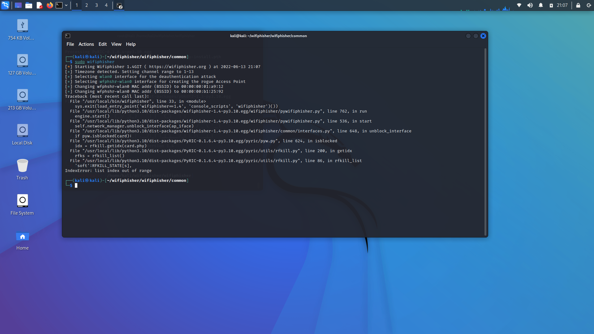 Wifiphisher does not start! - I CHANGED INTERFACES.PY - Still not ...