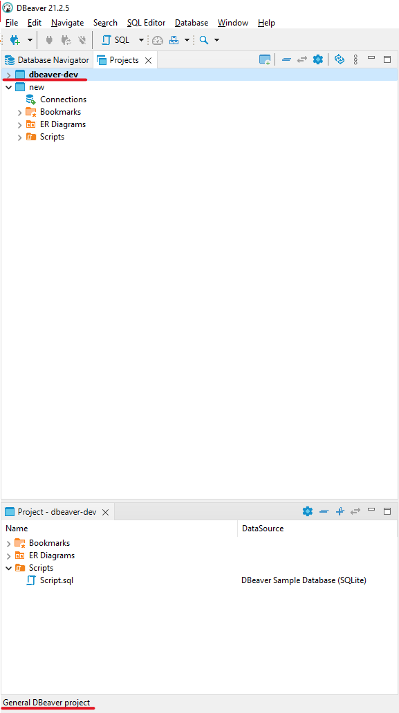 Name of the General project doesn't change in the bottom toolbar ...