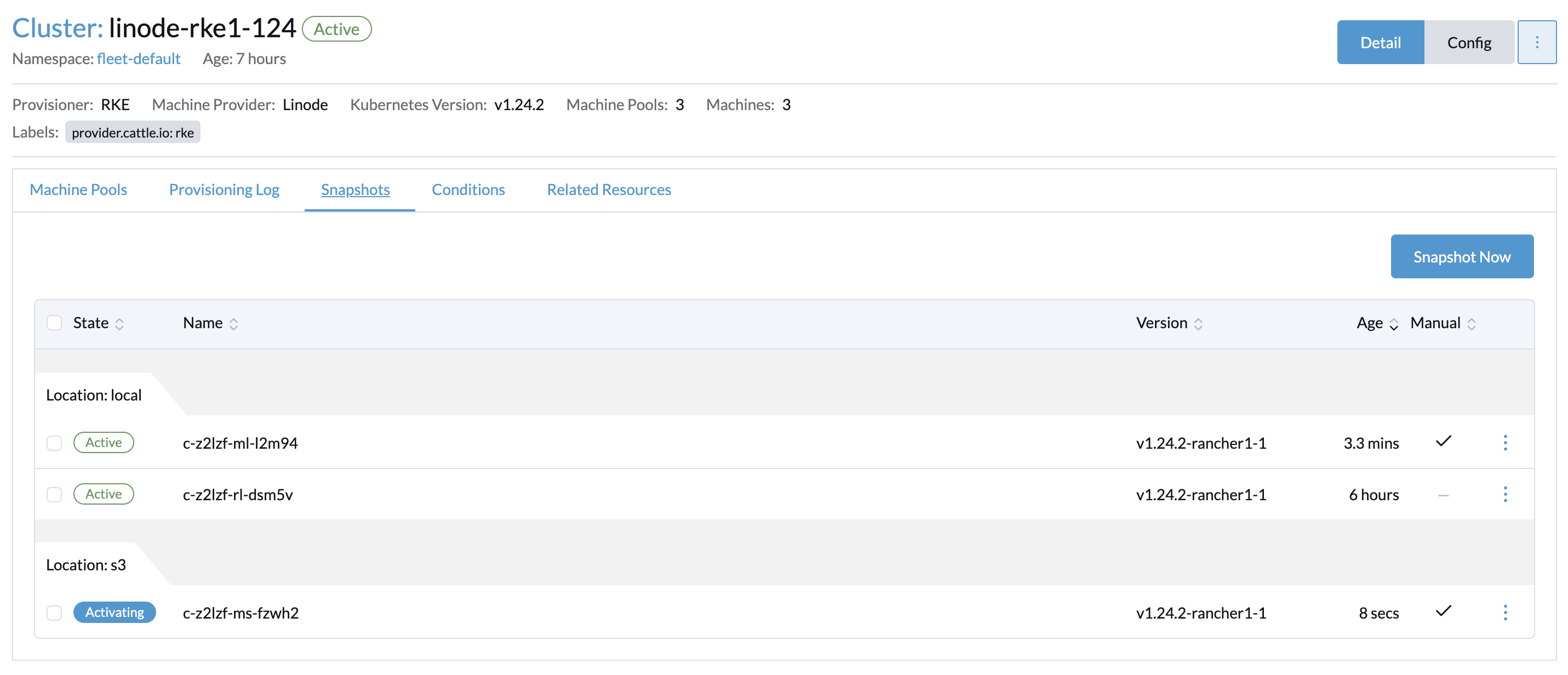 downstream rke1 snapshot metadata is inconsistent with rke2 (i.e. snapshot `location` for rke1