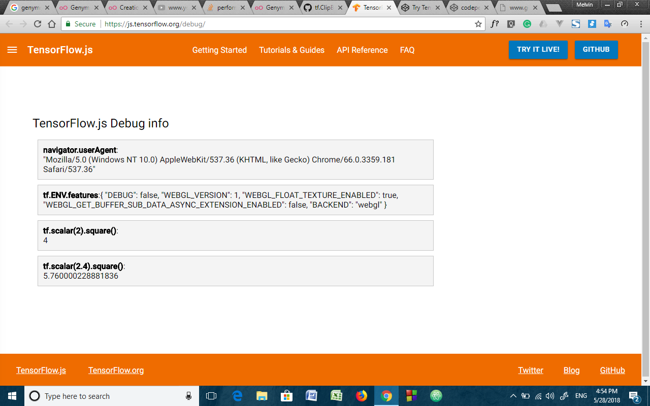 screenshot of debug page