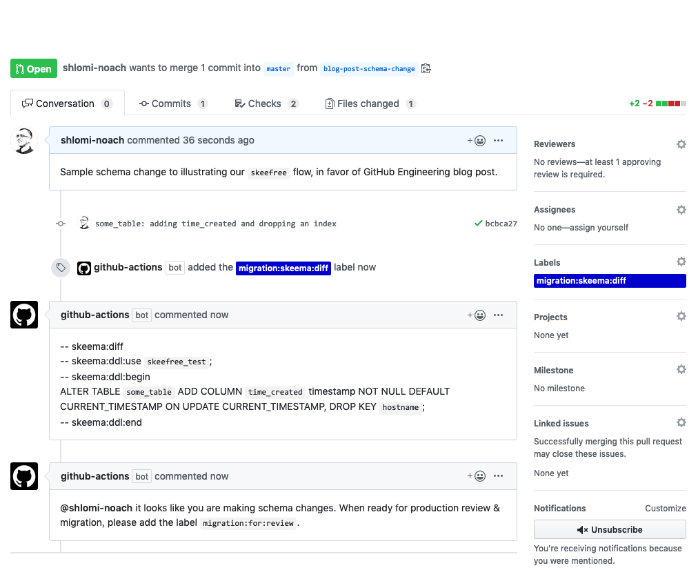 The GitHub Action, running skeema, generates schema diff output, which is added as a comment to the Pull Request. The comment presents the correct ALTER statement implied by the code change. This comment is both human and machine readable.