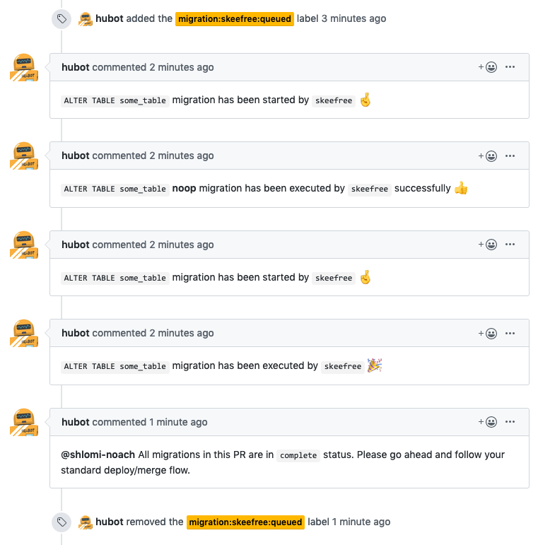 as skeefree runs the migrations, it adds comments on the Pull Request page to indicate its progress. When all migrations are complete, skeefree comments as much, again on the pull request page.