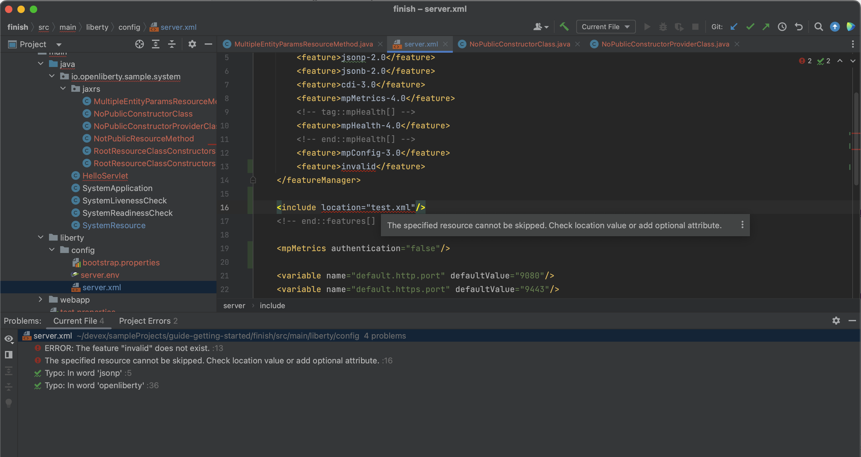 Liberty Lemminx ext: multiple diagnostics on same element, only first ...