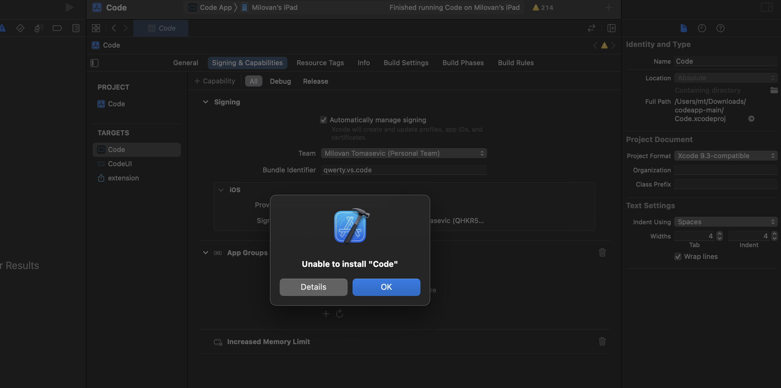 Unable to install "Code" · Issue #591 · thebaselab/codeapp · GitHub