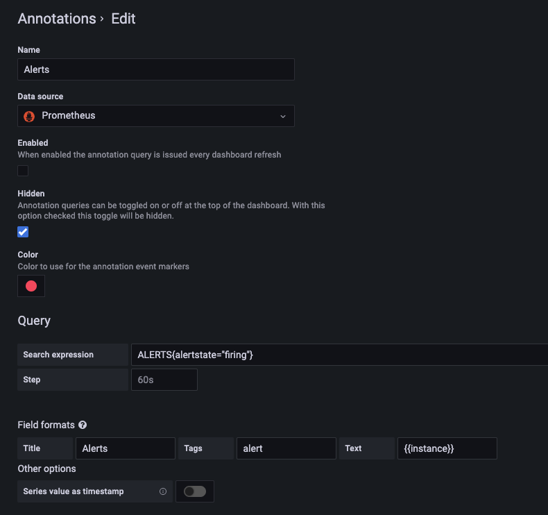 Prometheus annotations don't show its tags · Issue 48984 · grafana