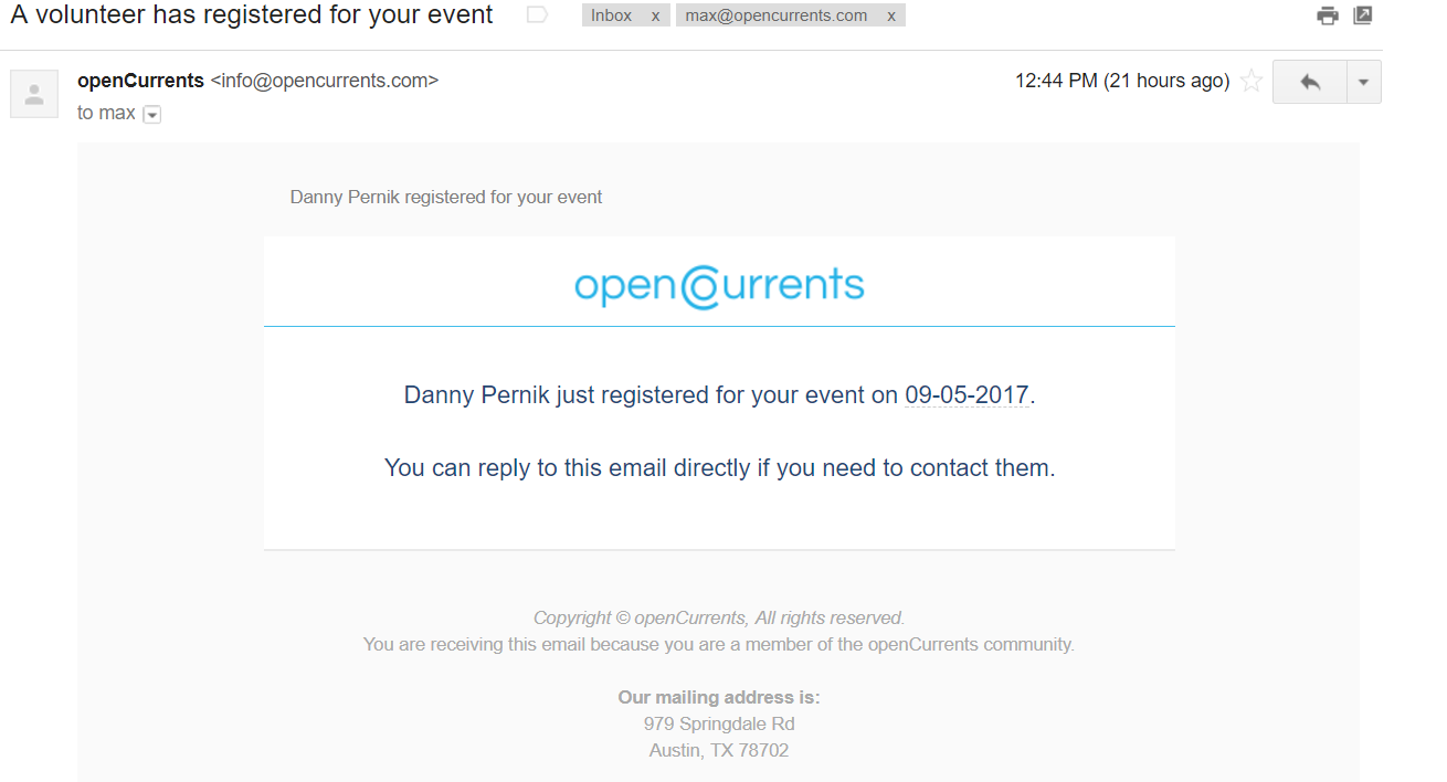 event confirmation email to admin