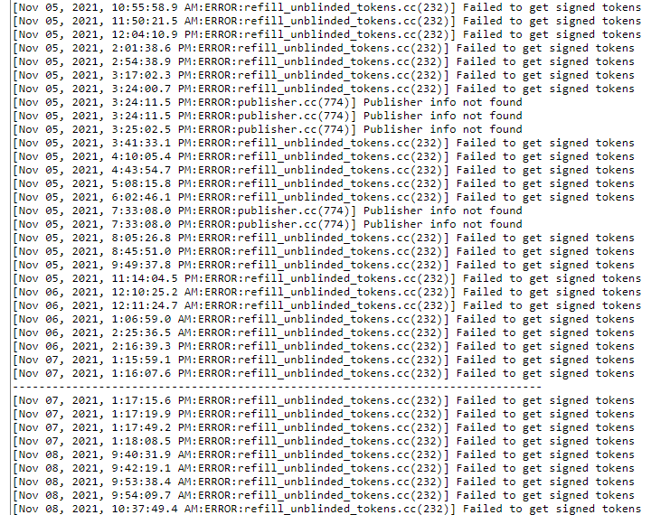ERROR:refill_unblinded_tokens.cc(232)] Failed to get signed tokens ...
