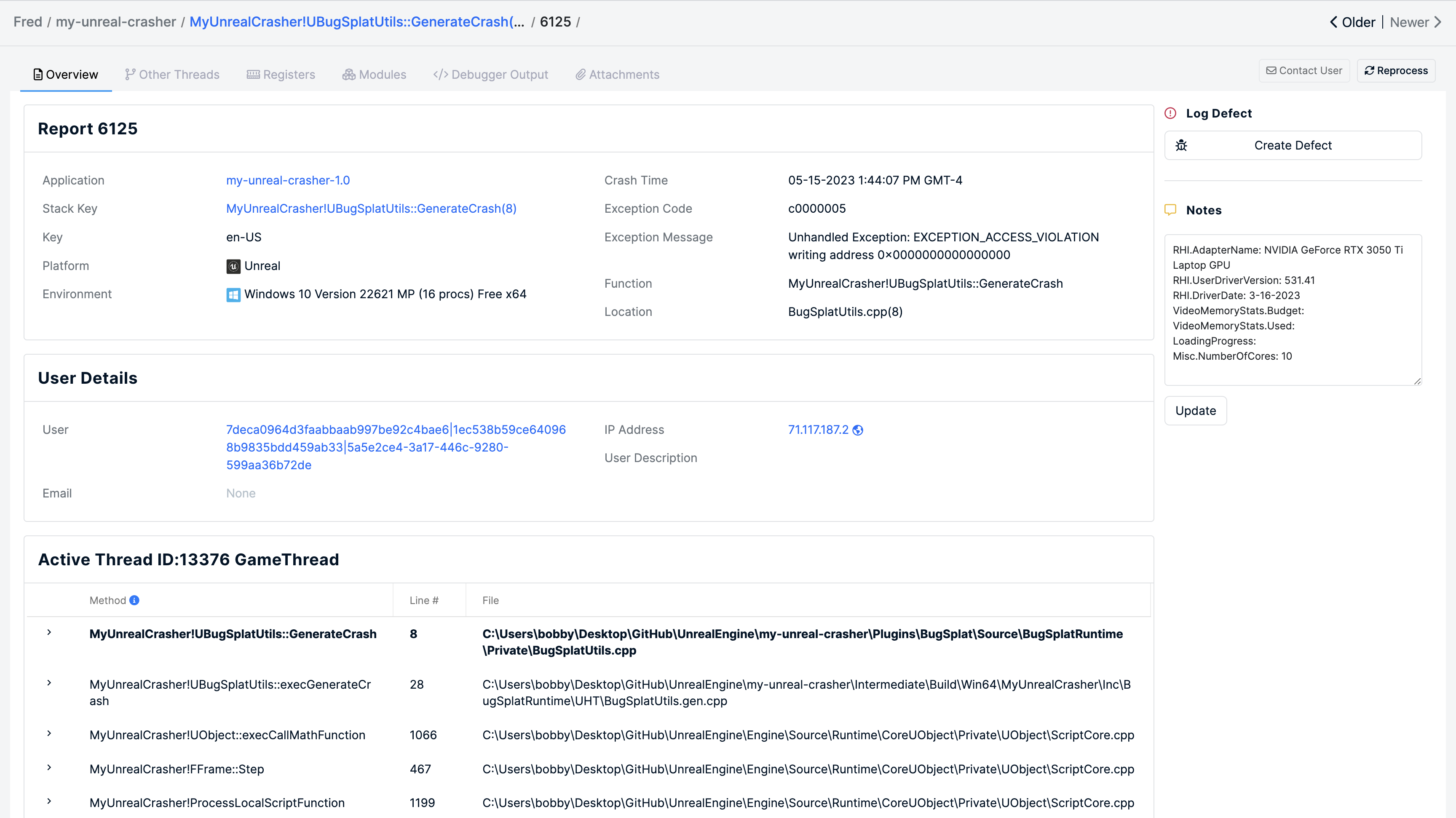 BugSplat dashboard