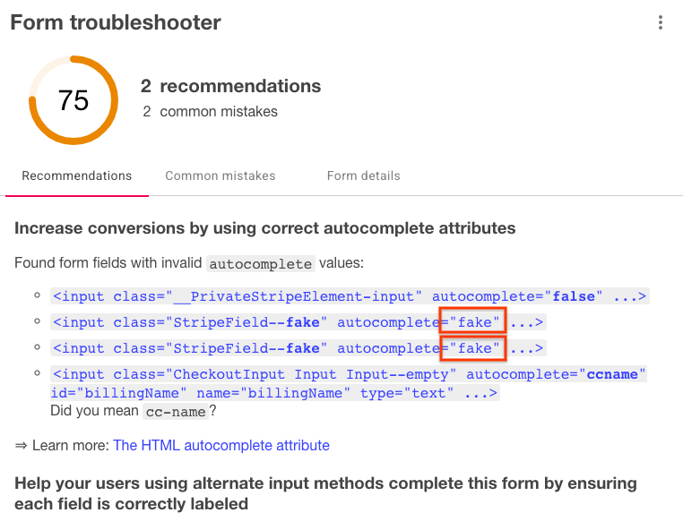 Autocomplete audit for invalid attribute highlights the wrong part of ...