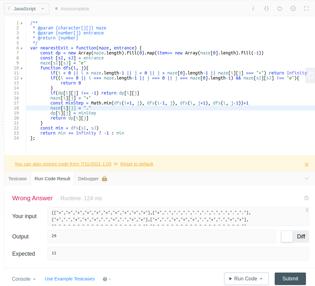 Missing Test Case - 1926. Nearest Exit from Entrance in Maze · Issue ...