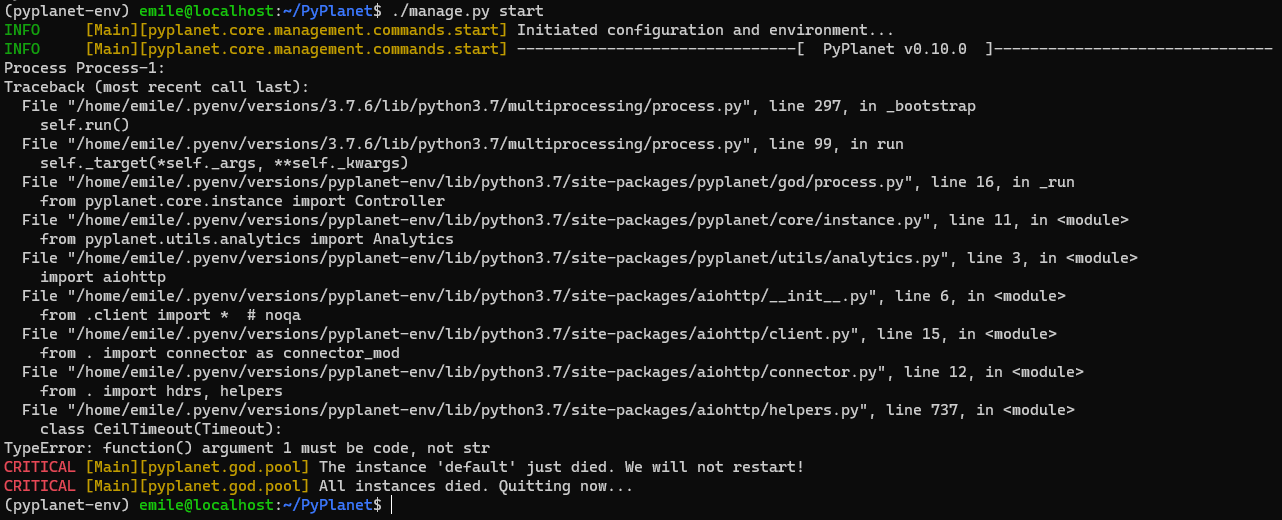 PyPlanet crashes at startup - TypeError: function() argument 1 must be ...