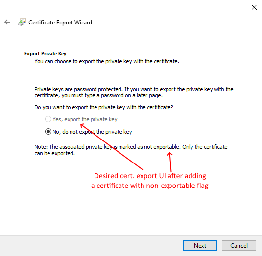 Private key appear to be exportable in certificate export wizard UI ...