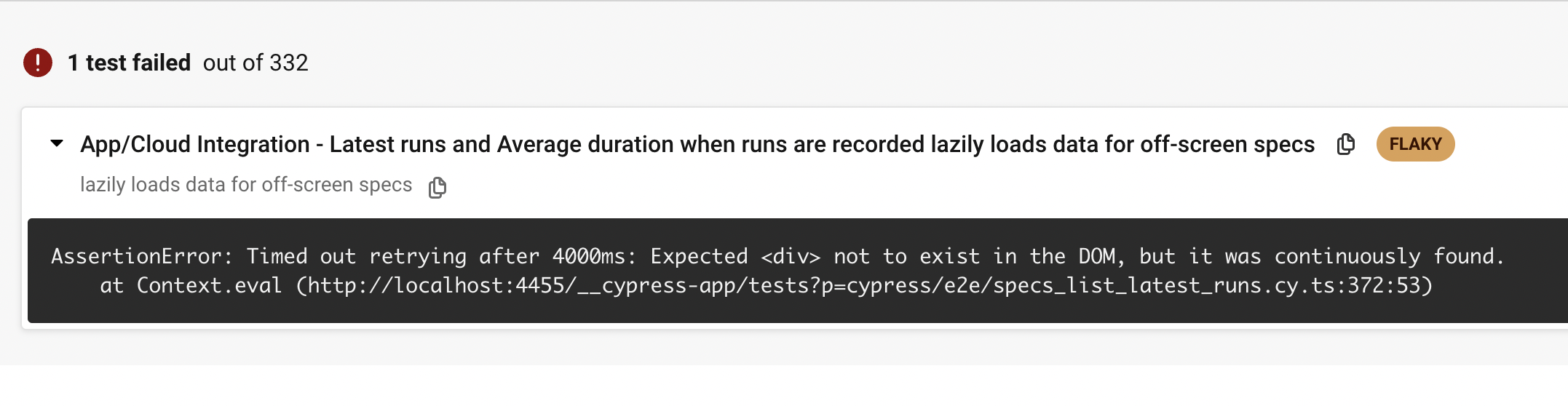Flaky test AssertionError Timed out retrying after 4000ms Expected