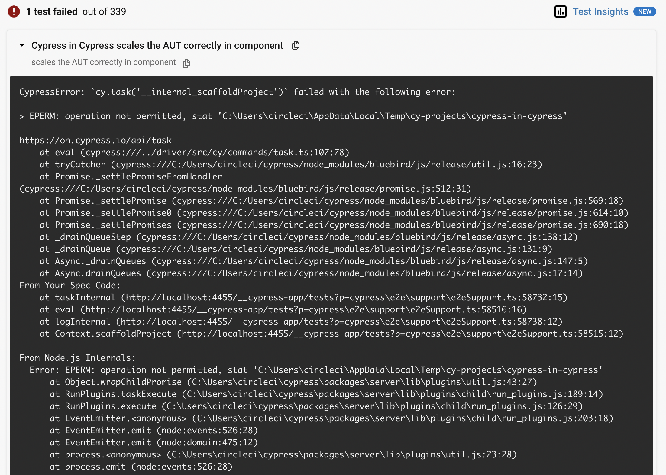 Flaky test `cy.task('__internal_scaffoldProject')` failed with the
