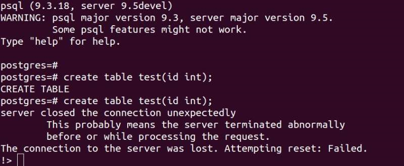 Server closed unexpectedly when creating tables with the same name ...