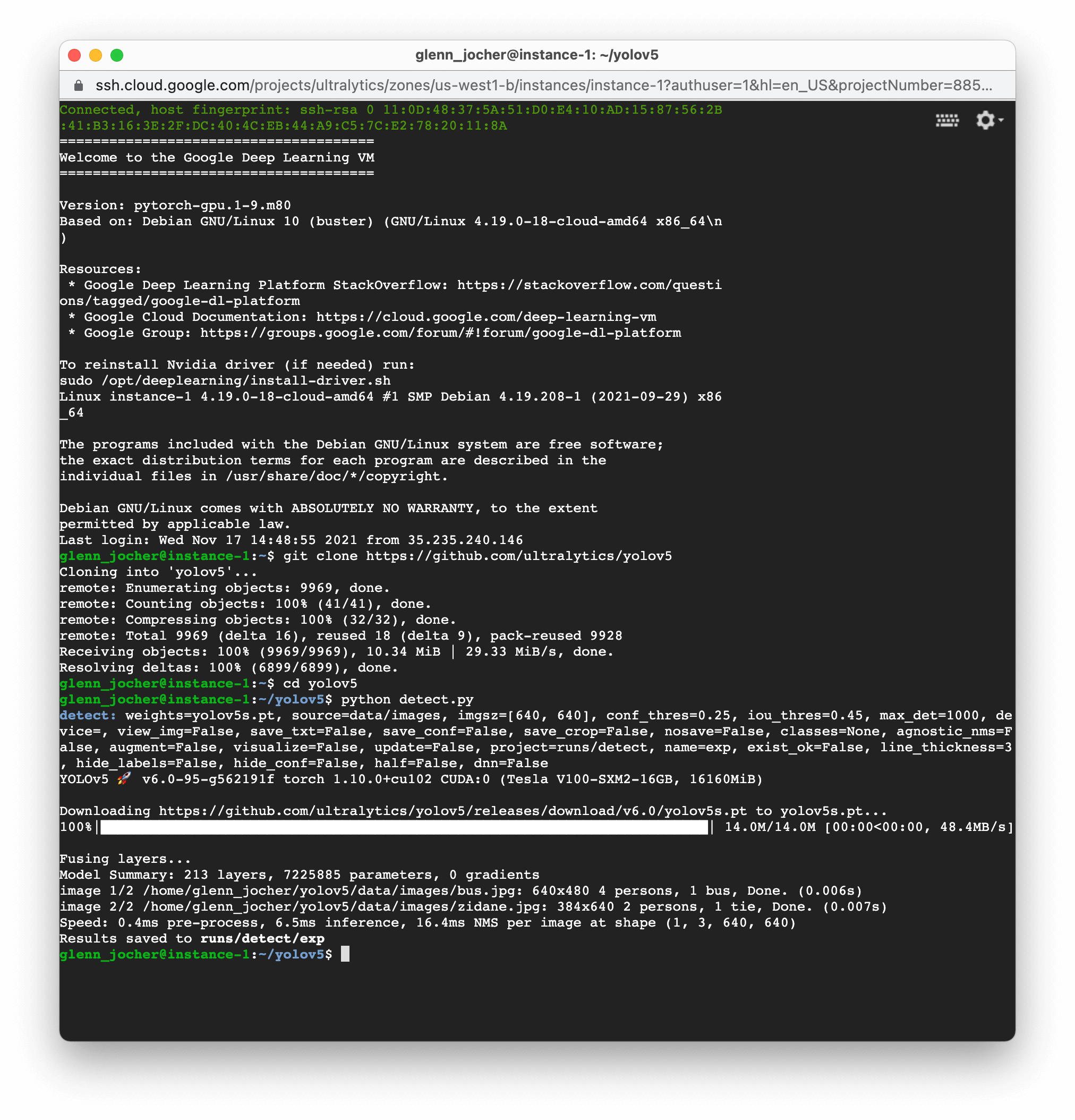 Terminal command image illustrating model training on a GCP Deep Learning VM