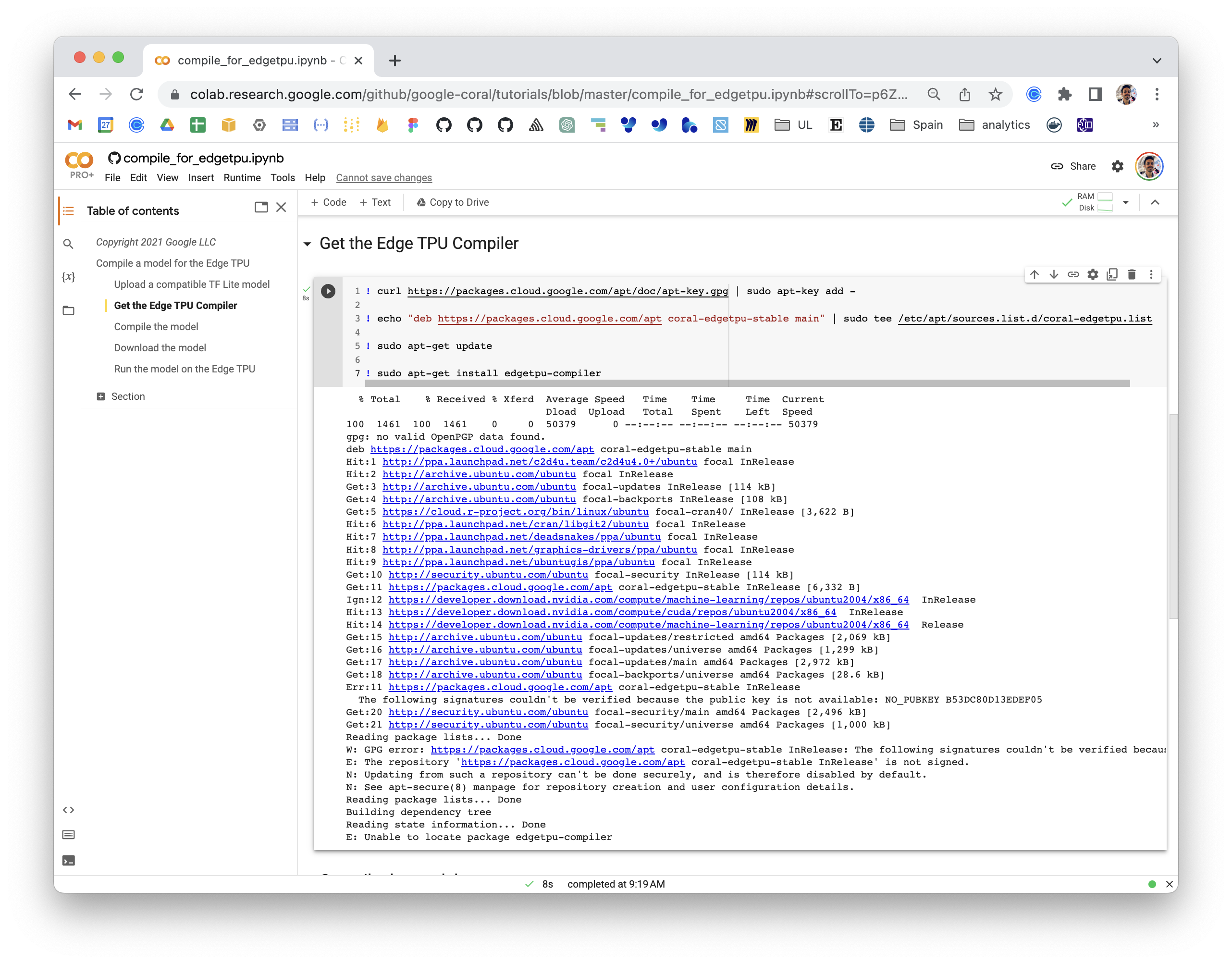 Edge tpu compiler installation fails on official notebook with error