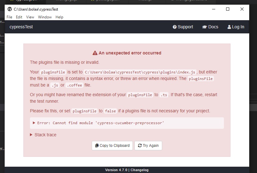 Cypress Error The plugins file is missing or invalid · Issue 386