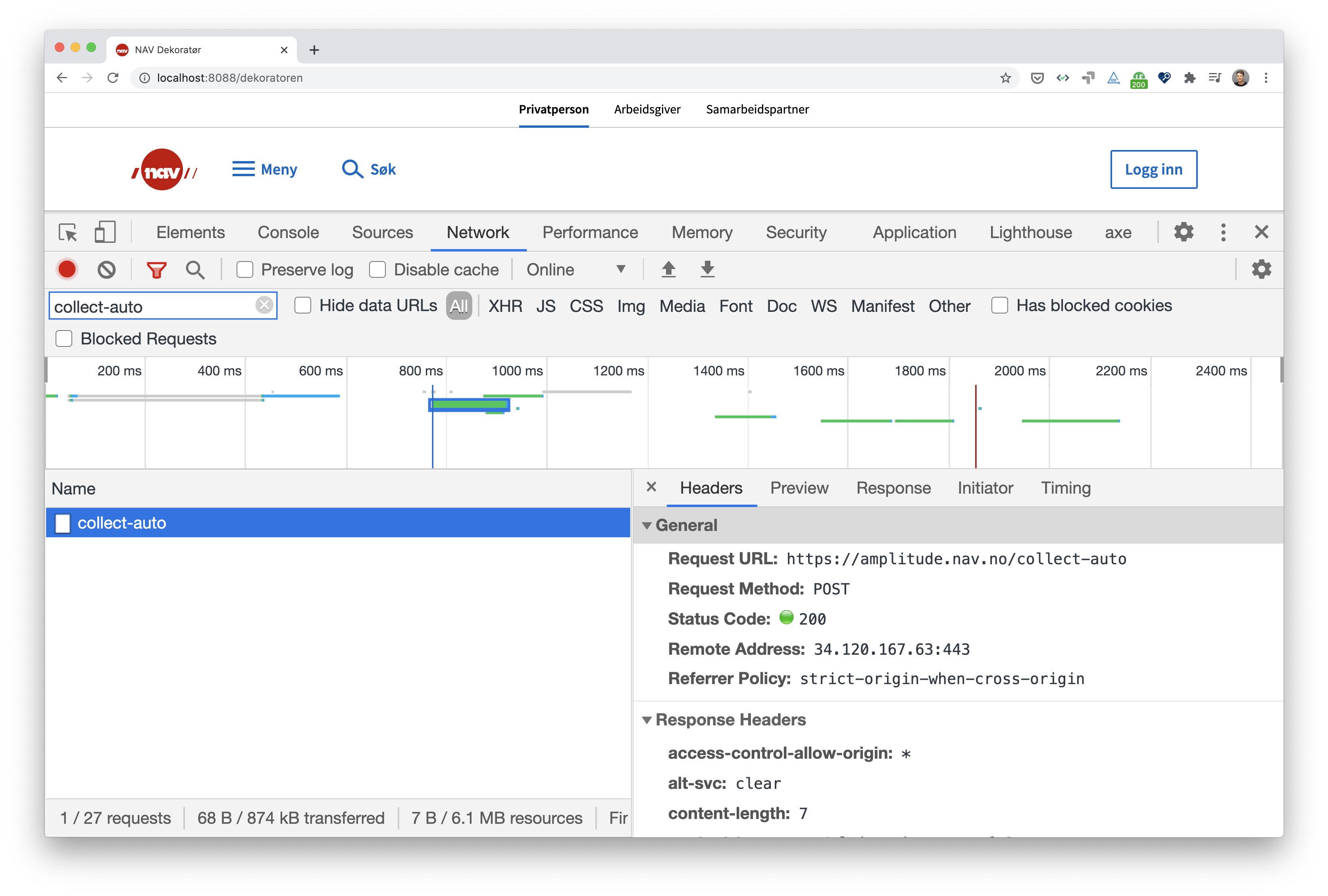 skjermbilde av developer tools med 200 OK fra amplitude