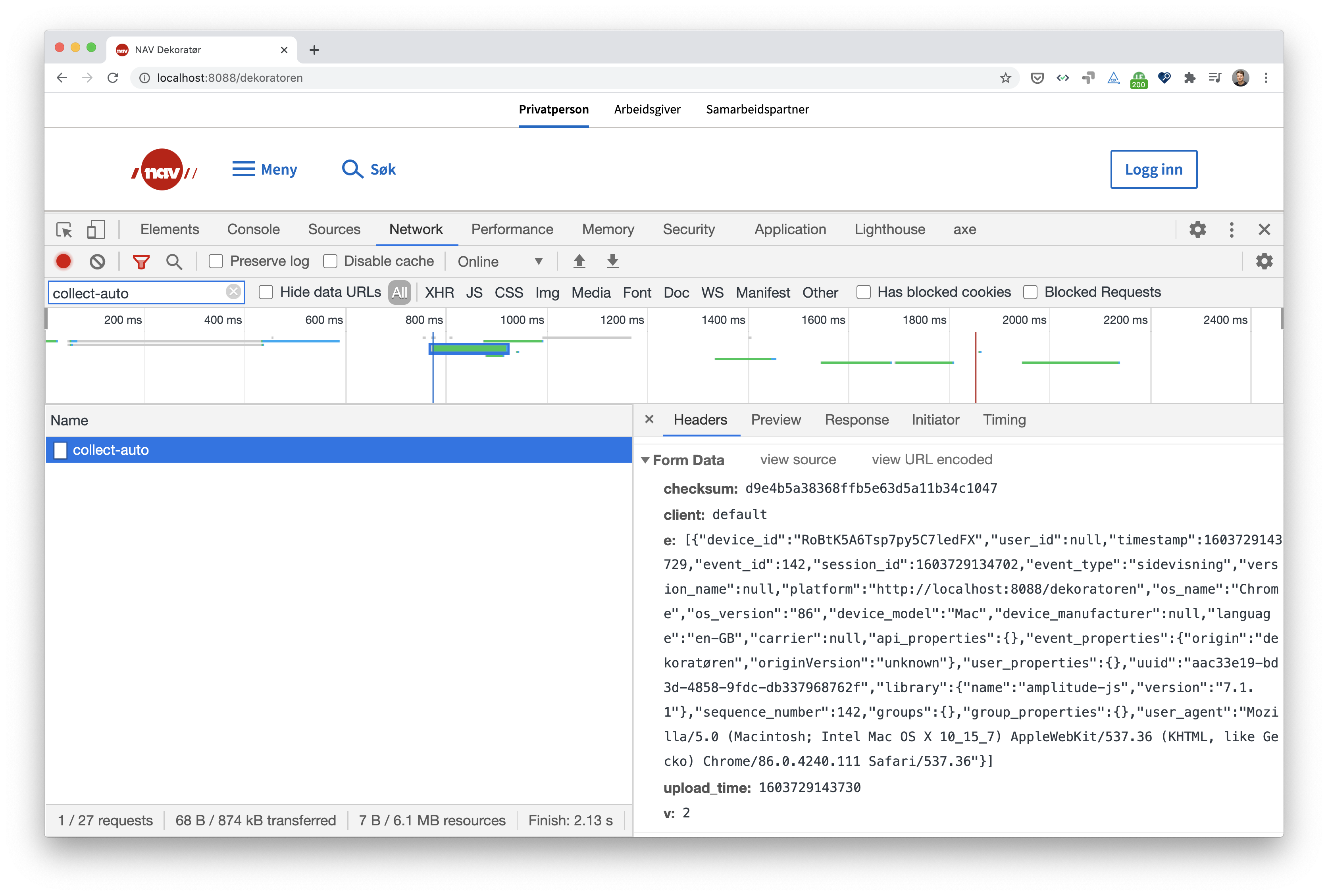 skjermbilde av developer tools med data for en sidevisning