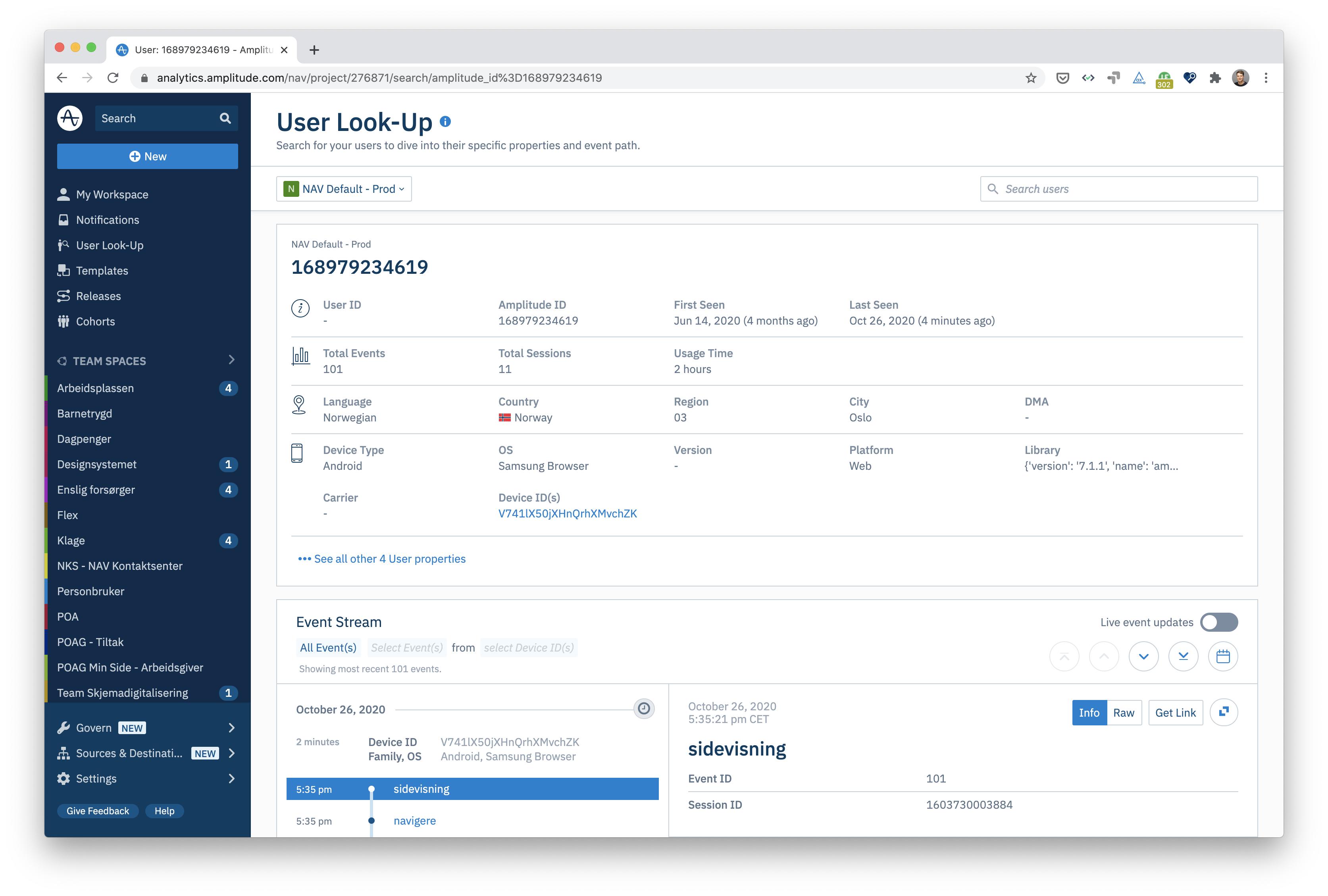 skjermbilde av oppslag i Amplitude via User lookup funksjonen